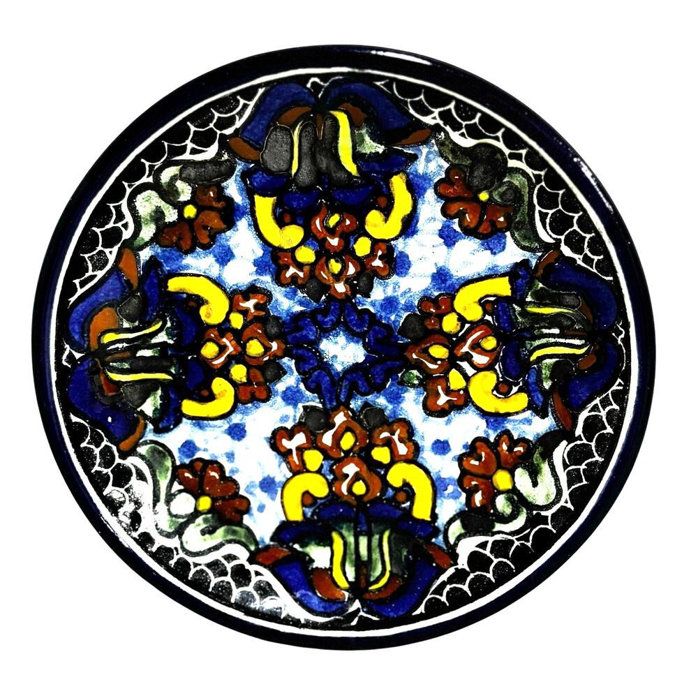 Vintage 1998 Talavera Mexico Mexican pottery plate wall decor blue yellow floral